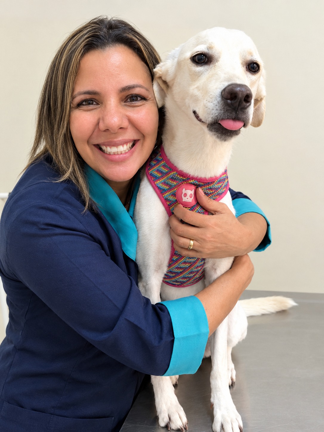 Dra. Tatiana sorrindo ao lado de uma cadela na Clínica Veterinária SOS Bichos
