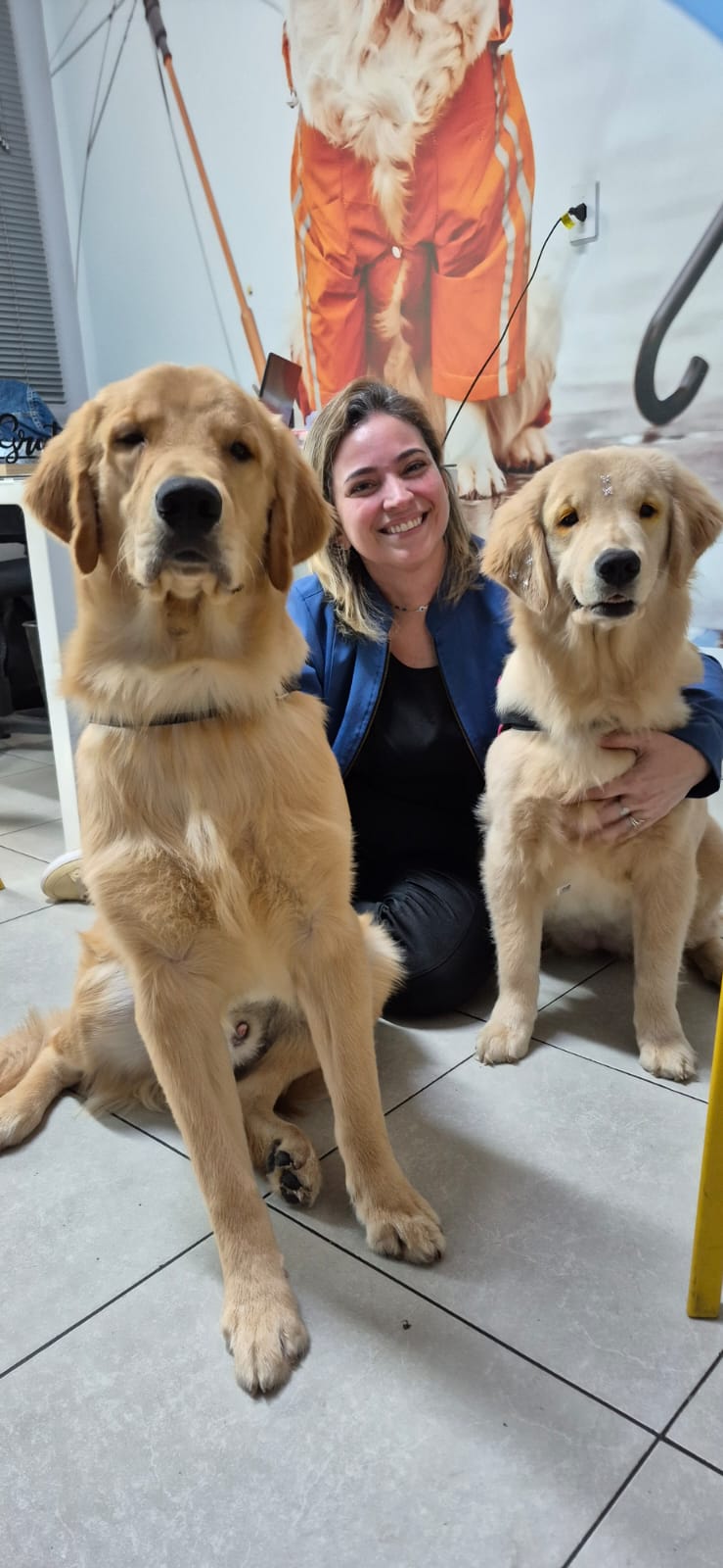 Dra. Nathalia Lopes com dois golden retrievers na SOS Bichos